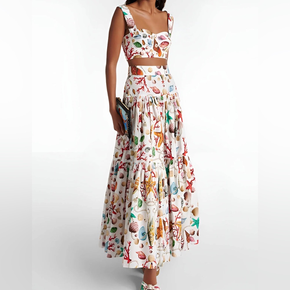 Commense White Seashell & Coral Print Tiered Skirt Set